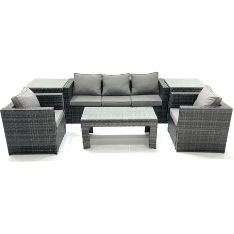 Fimous Rattan Garden Furniture Set Outdoor Lounger Sofa with Coffee Table 2 Armchair 2 Side Tables Dark Grey Mixed (1/5)