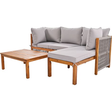 Ensemble de salon de jardin 3 pièces, structure en acacia, accoudoirs en corde grise, ensemble de mobilier de jardin en L avec pieds réglables, 2 canapés deux places et 1 table (ancien SKU: HW24015AAA (1/5)