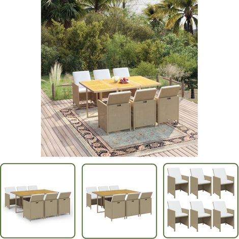 Outdoor-Essgruppe - vidaXL 7-tlg. Garten-Essgruppe mit Kissen Poly Rattan Beige - Beige (1/5)