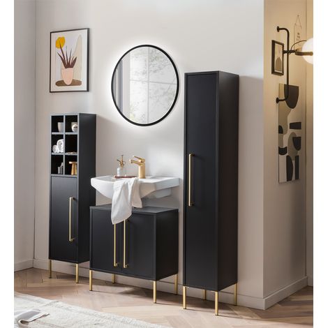 Badezimmer Möbel SARAY-80 mit Spiegel in schwarz incl. Beleuchtung, B/H/T: ca. 142,5/200/30 cm (1/5)