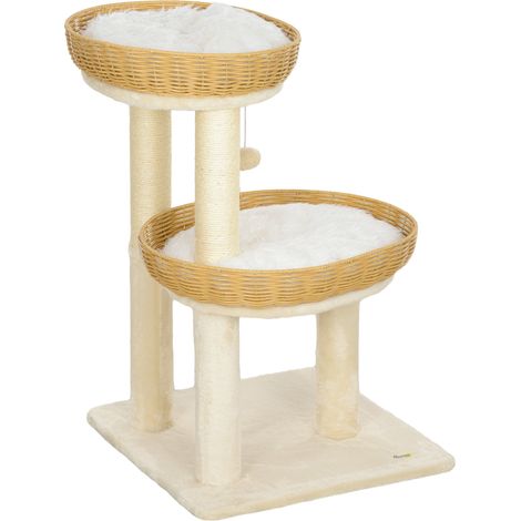 Arbre à chat centre de jeux 48 x 48 x 75 cm poteaux à griffer deux lits rotin confortable scandinave salon en bois beige (1/5)