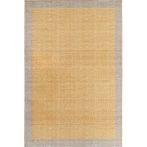 Tapis moderne jaune aux motifs géométriques élégants - Jaune moutarde avec motifs marron clair (1/4)