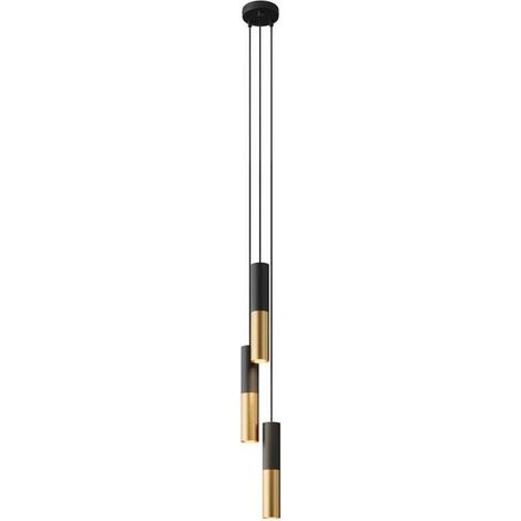 Lampada a sospensione multipla a 3 cadute completa di cavo tessile e paralume in metallo Doppio Tub-E14 Montato - Senza lampadina - Nero - Bronzo satinato - No (1/5)