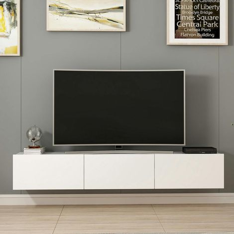 Meuble TV suspendu blanc 3 portes abattantes MARFA