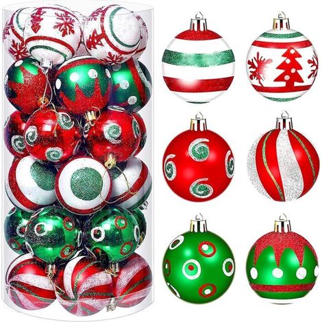30 Pièces Boules de Noël 6CM Rouge et Vert - Ornements Incassables à Suspendre pour Sapin, Vacances, Décoration (6 Styles) (1/4)