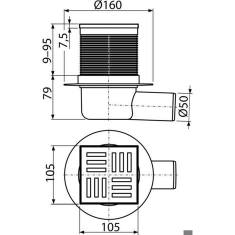 Grille de drainage 105x105/50 mm, sortie latérale, grille grise, siphon humide (1/2)
