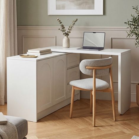 Bureau pivotant 360°, bureau en forme de L moderne blanc avec 3 tiroirs et placard – Table d'ordinateur gain de place pour home office et bureau – H75 × L110-170 × P40 cm