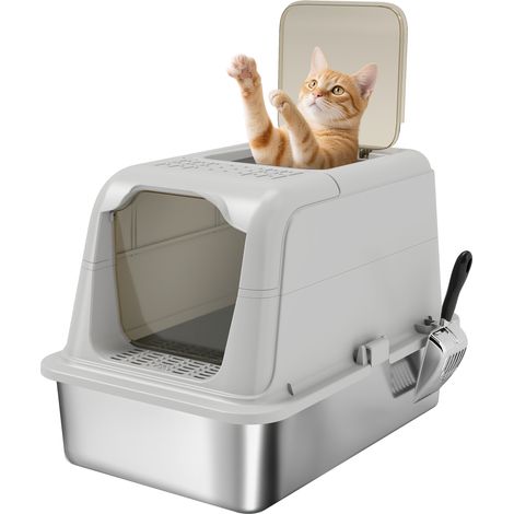 Maison de toilette pour chat - PawHut - anti-fuites, nettoyage facile - acier inoxydable - 60,4x40,4x41,8cm - gris clair (1/5)