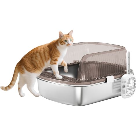 Katzenklo Edelstahl, Katzentoilette mit hohem Rand, Wanne, inklusive Schaufel, für große Katzen, 53x42x27cm, Kohlegrau (1/5)