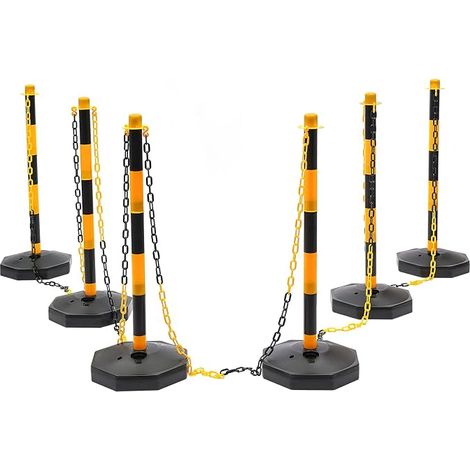 Cone de Signalisation,Lot de 6 Poteaux de Barrière en Plastique Plot de Chantier Profil Réglable Poteau Stationnement Portable avec Chaîne Base Remplissable,Jaune+Noir (1/5)