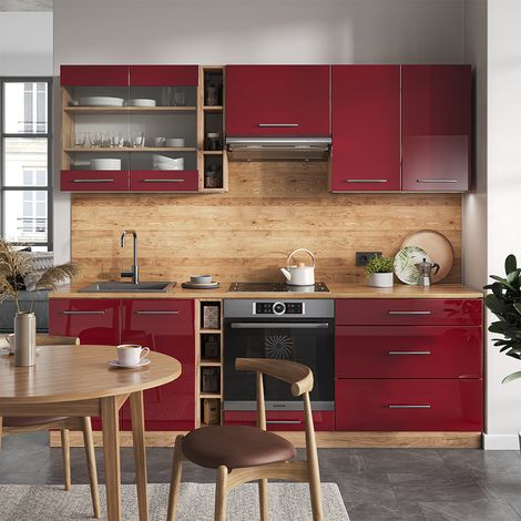 Küchenzeile Fame-Line, Bordeaux Hochglanz/Goldkraft Eiche, 235 cm ohne Arbeitsplatte, Vicco