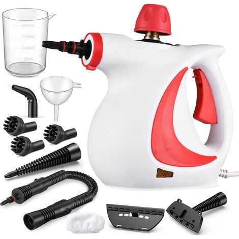 Pulitore a vapore portatile da 1050 W, pulitore a vapore pressurizzato multifunzione con 9 accessori per rimuovere macchie da pavimenti, tende, sedili auto, cucina, bagno, rosso (1/5)