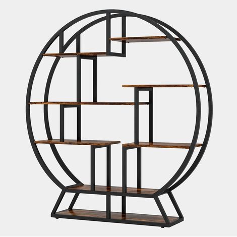 CHICFURN Scaffale rotondo 150 x 30 x 158 cm in metallo e legno nero, stile industriale (1/5)