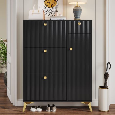 Schuhschrank 90 x 25 x 121 cm, Schuhkommode mit 3 Klappen, 1 Schublade und 1 Tür, Flurschrank für 12 Paar Schuhe – Schwarz