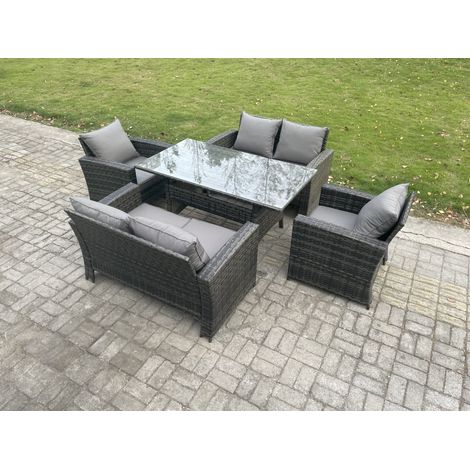 Fimous Rattan Garden Furniture Set 6 Seater Patio Outdoor Lounge Sofa Set with Oblong Dining Table Double Seat Sofa Dark Grey Mixed (1/5)