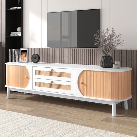 TV-Schrank 170 cm mit zwei Holztüren und zwei Schubladen, Rattan-Dekor, Massivholzgriffe, rustikaler Stil, geeignet für Wohnzimmer oder Schlafzimmer, 170x39,5x46 cm - Weiß