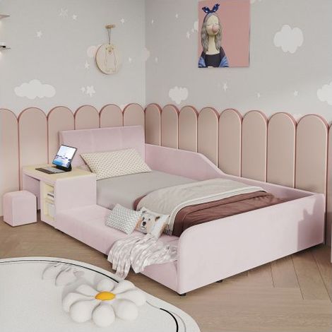 Lit Rembourré Enfant 90x200cm avec Bureau et Tabouret - Lit Enfant - Velours Rose, Tête de Lit Douce, Étagère, Sommier à Lattes Bois (1/5)