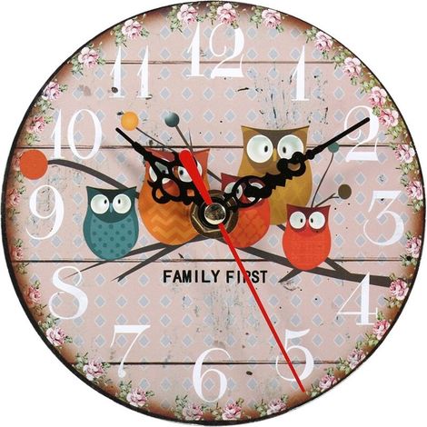 Horloge murale ronde en bois à motif de hibou, Antique et créative, Vintage, décoration pour la maison et le bureau, 1 pièce, 7 (1/4)
