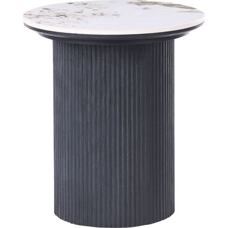 Side Table Black MDF Base ø 45 cm Ribbed Leg Ceramic Top White Marble Modern Design Living Room DORA (1/5)