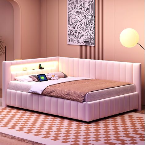 Letto imbottito 140x200 cm beige in velluto con LED e porta USB (1/5)