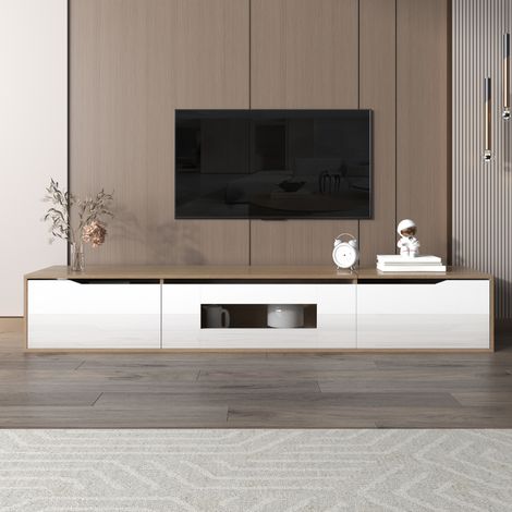 Meuble TV blanc brillant bois clair avec éclairage LED multicolore, meuble téléviseur lumineux design moderne.