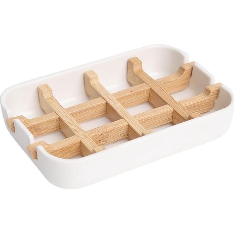 Porte-savon et porte-savon en fibre de bambou pour salle de bain, bar, évier, terrasse, baignoire, bac de douche (blanc) (1/5)