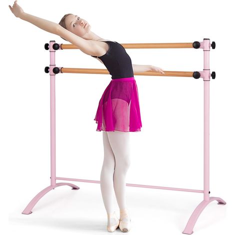 COSTWAY Barre de Danse Classique Double Autoportante pour Enfants Adultes, Barre de Ballet sur Pied 120 cm Hauteur Réglable Ø 38 mm en Bois de Hêtre Pose Libre pour Yoga, Exercice (1/5)