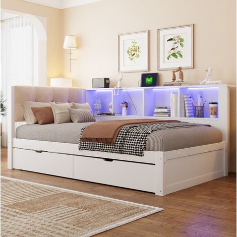 Sofá cama de 90x200 cm con LED regulable, USB, 2 cajones y estante, estructura de pino y MDF blanco. (1/5)