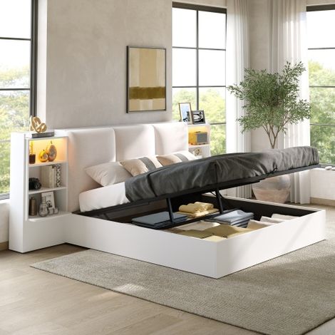 Lit 180x200cm,lit coffre 180x200cm,Cadre de lit plateforme avec tête de lit rembourrée,6 rangements,lit rangements hydrauliques et bande lumineuse LED,Sept couleurs réglables sont disponibles,blanc (1/5)