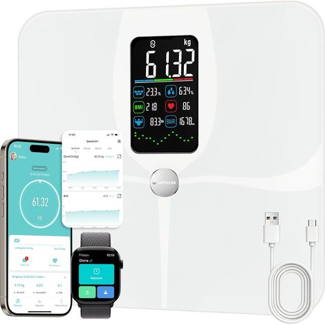 Balance Impédancemètre, Balance Intelligente Grand Écran, Analyse Graisse Corporelle, Masse Musculaire, IMC, 22 Mesures, avec Application (1/5)