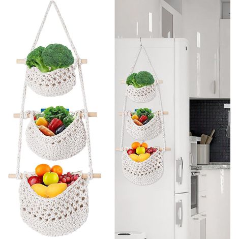 corbeille Fruits Suspendue 3 Tages, Hamac Fruits Et Lgumes, Organisateur De Fruits Et Lgumes En Coton Tiss La Main Pour La Cuisine, Le Salon E (1/5)
