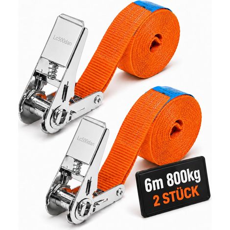 Sangles d'arrimage (4m ou 6m) - 800kg 25mm - DIN en TUV GS - Petite Sangle à Cliquet, Serrage pour Moto Remorque, Bagages, Quad (Orange, 6m (Lot de 2)) (1/5)