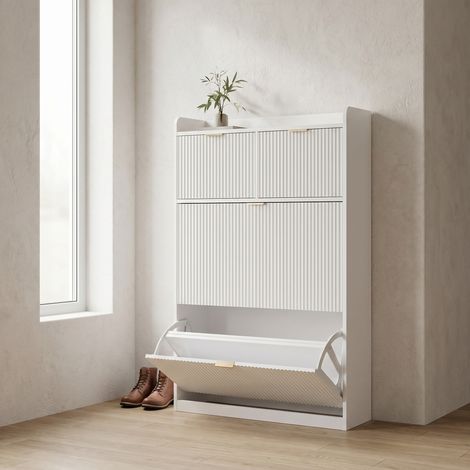 Scarpiera 80x24x110 cm con 2 ante a ribalta e 2 cassetti, grande capacità, mobile in legno, bianco