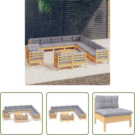 Terrassensofa -  14-tlg. Garten-Lounge-Set mit Grauen Kissen Massivholz Kiefer (1/5)