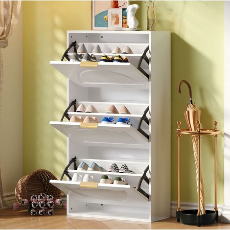 Schuhschrank aus MDF und Spanplatte weiß 60 x 24 x 114 cm mit Schuhkipper und verstellbaren Einlegeböden (1/5)
