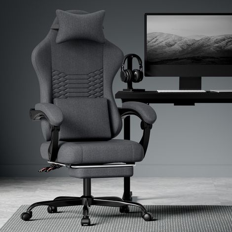 Chaise gaming tissu Noir-massante-ergonomique racing-repose-pieds-inclinaison dossier-58,5x63x120,5cm (1/5)