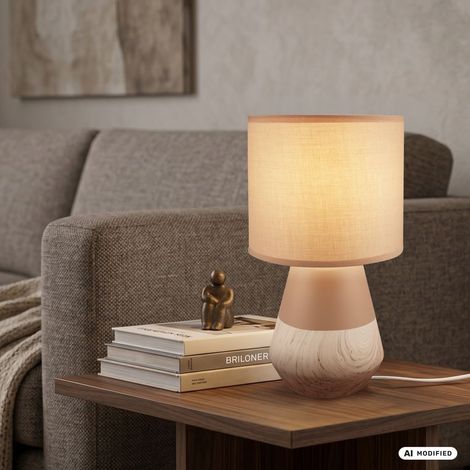 Briloner Lampe de chevet pied en céramique Ø18x34 cm douille E14 max. 25W interrupteur filaire beige aspect bois - Lampe de table salon chambre couloir (1/5)