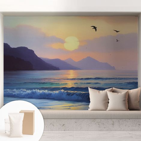 Papier peint intissé classique moderne pour salon et chambre à coucher Décoration rapide avec colle Coucher de soleil sur la mer 208x146 cm (1/5)
