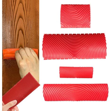 Dos juegos de herramientas con estampado de madera, lámina con estampado de madera, herramienta decorativa de pared en caucho con efecto madera MS3 MS6 Rojo (1/5)