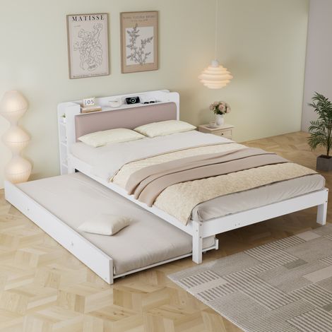 Cama nido 120x200 cm con cama extraíble 90x190 cm, cabecero acolchado, blanco HAVRYA (1/5)