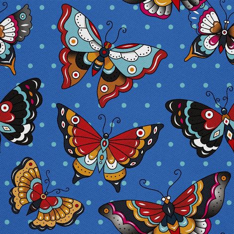 Tela Oxford decorativa para exteriores - Estampado de mariposas sobre fondo de lunares azules (1/5)