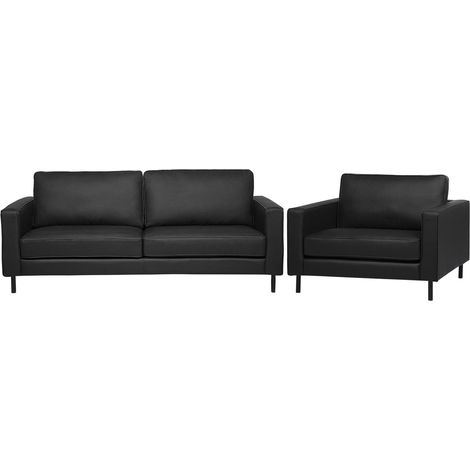 Conjunto de sofás para salón sofá 3 plazas sillón de piel negra estilo minimalista Savalen