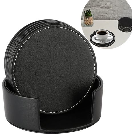 Dessous de verre en cuir avec supports – Dessous de verre design avec supports, lot de 5, noir-AquaForge (1/5)
