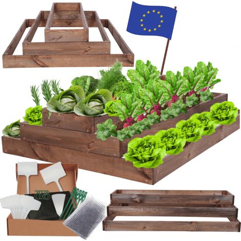 MODO24 ZP09 Carré potager surélevé en escalier modulable, bois de pin, herbes/légumes, jardin/terrasse/balcon, 27x117x120 cm, marron