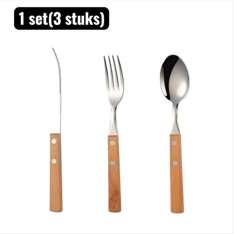 ensemble (3 pièces) - Couverts - Élégant ensemble de couverts 3 pièces en acier inoxydable - Couteau à steak, fourchette et cuillère modernes avec manche ergonomique - Acier inoxydable - Marron (1/5)