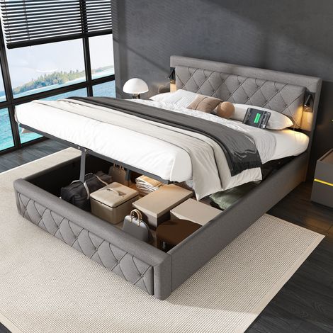 Cama baúl 160x200 cm, cama de adulto acolchada hidráulica con downlight e interfaz USB, cabecero con patrón de rombos, lino, gris, sin fondo (1/5)