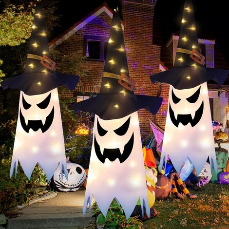Décoration d'Halloween en plein air, 3 pièces de fantômes suspendus avec chaînes, 80 cm, décoration de fête d'Halloween pour cour avant, pelouse, jardin, fête (1/5)