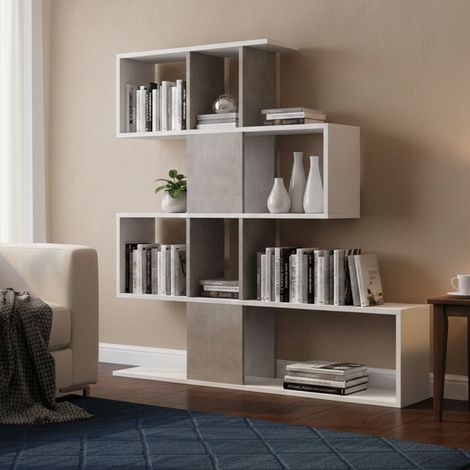 Dmora - Bücherregal Dfav, Doppelseitige Bibliothek mit 5 Regalen, Zick - Zack - Regal für Bücher, Schrankwand mit Regalen, 100% Made in Italy, 145x29h145 cm, Weiß und Beton (1/5)