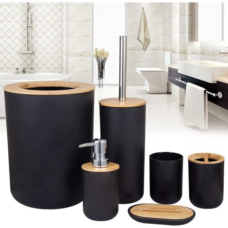 Ensemble d'accessoires de salle de bain en bois de bambou pour salle de bain, brosse de toilettes, distributeur de savon, porte-brosse à dents, gobelet à savon, poubelle 6 pièces (1/4)
