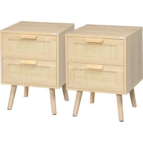 Lot de 2 tables de chevet tables d'appoint 2 tiroirs façades aspect cannage rotin style bohème 40 x 40 x 56 cm naturel - idéal maison et jardin - qualité pre (1/5)